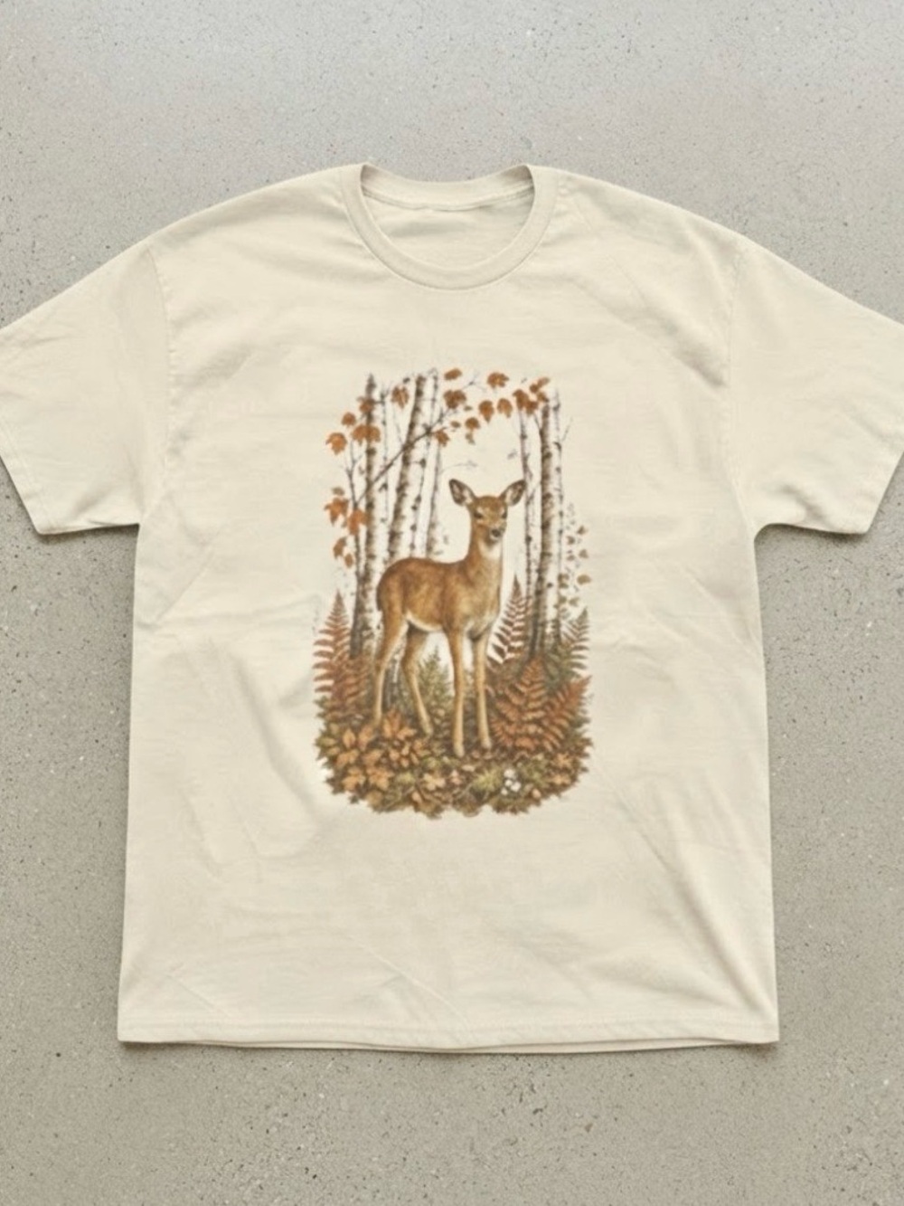 Deer in Birch Forest Autumn Leaves Graphic Cream Gildan T-Shirt